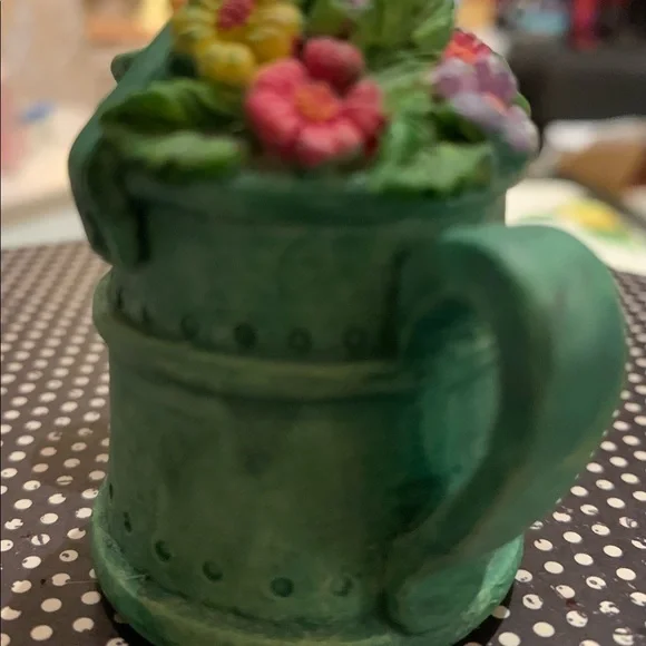 Candle Snuffer w Brass Interior Green Watering Can Topped with Flowers 2 1/2 “ - Picture 6 of 10